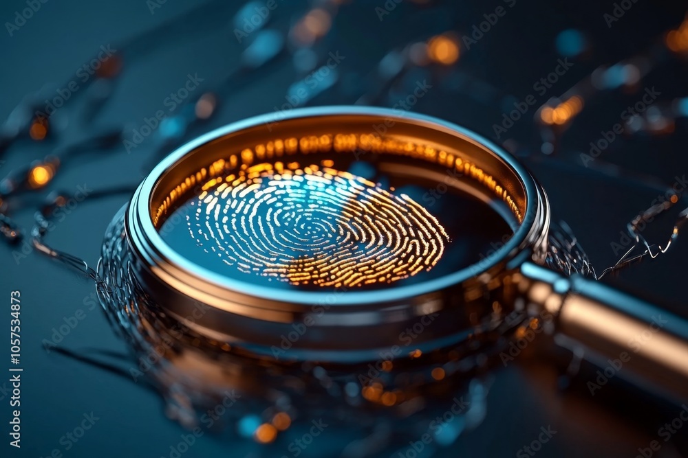 Poster Minimalist depiction of a fingerprint and magnifying glass, symbolizing forensic analysis in a clean, straightforward design, symbolizing investigation and insight
