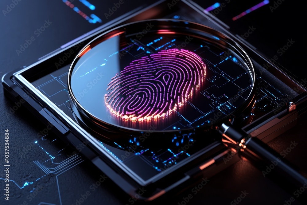 Poster Minimalist depiction of a fingerprint and magnifying glass, symbolizing forensic analysis in a clean, straightforward design, symbolizing investigation and insight