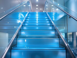 Obraz premium Futuristic glass staircase with blue LED lighting, creating a striking, modern aesthetic in a high-tech interior space.