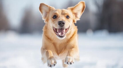 Happy Dog Running in Snowy Landscape