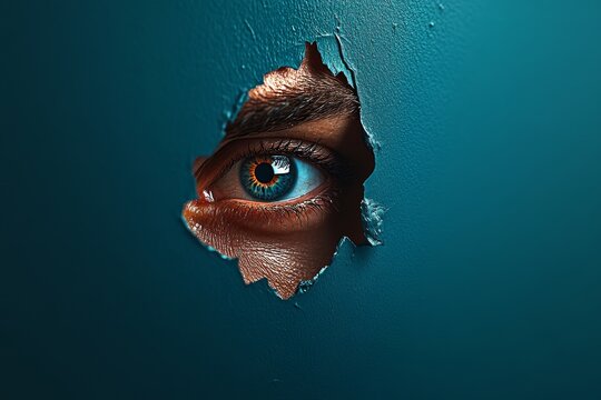 Minimalist depiction of an eye peering from a shadowed background, capturing the watchful tension of a suspect under observation, symbolizing suspense and clarity