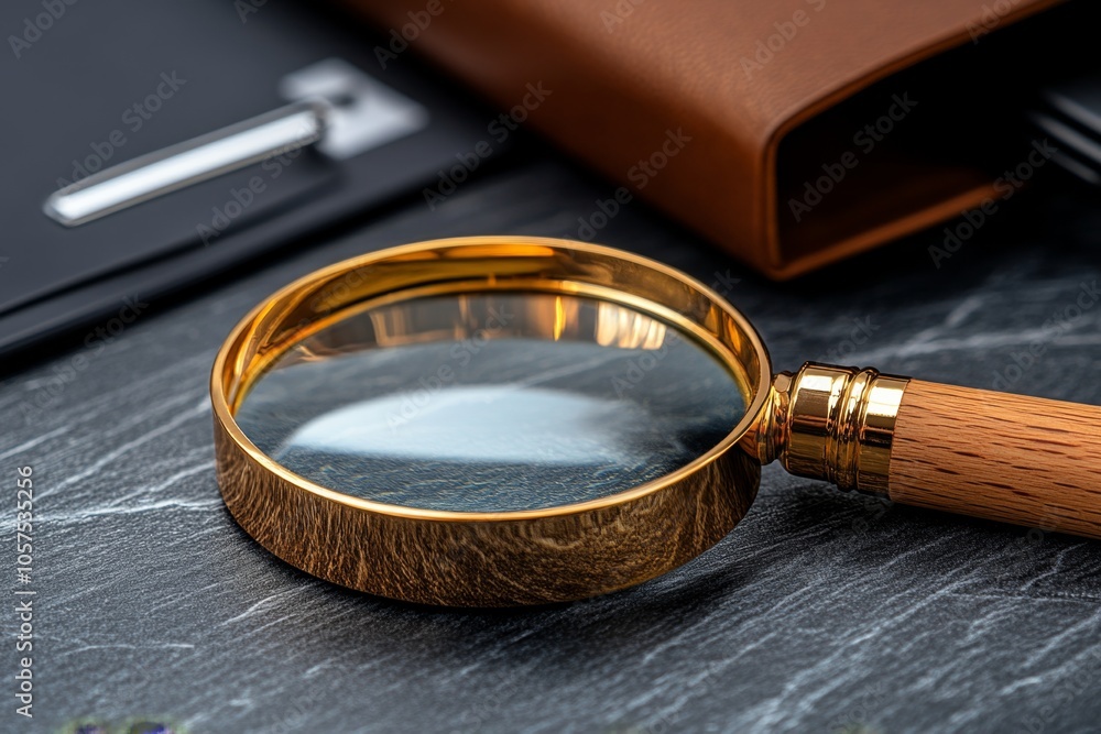 Poster Minimalist icon of a magnifying glass over an open case file, symbolizing investigation and discovery in a simplified style, symbolizing curiosity and dedication