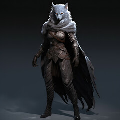 Fototapeta premium Full-body character design of an anthropomorphic female wolf, wearing leather armor and a cloak with fur on the hood, against a dark gray background...