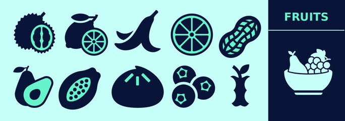 Fruits SOLID icon set for logo, marketing, digital work. Rambutan, lemon, orange, banana peel, pear, papaya, fig, blackberries, apple pit, peanut. Editable outline, size and color.