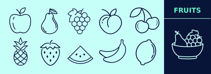 Fruits LINE icon set for logo, marketing, digital work. Apple, pear, banana, pineapple, cherry, peach, grapes, strawberry, watermelon, lemon. Editable outline, size and color.