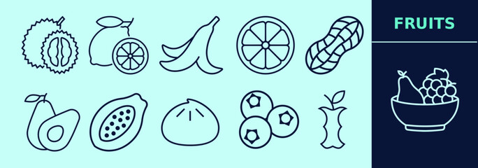 Fruits LINE icon set for logo, marketing, digital work. Rambutan, lemon, orange, banana peel, pear, papaya, fig, blackberries, apple pit, peanut. Editable outline, size and color.