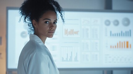 A focused scientist in a lab coat analyzing data on a digital screen, showcasing graphs and statistics in a modern laboratory setting.