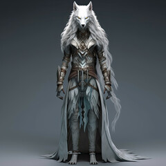 Fototapeta premium Full-body character design of an anthropomorphic female wolf, wearing leather armor and a cloak with fur on the hood, against a dark gray background...