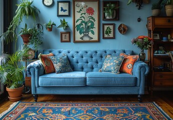 Maximalist Living Room with Blue Sofa, Armchair, and Patterned Wallpaper