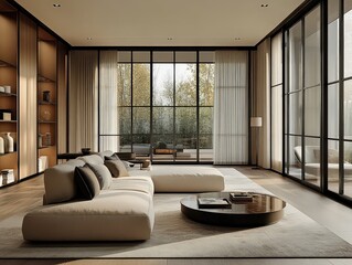  Spacious, minimalist living room with floor-to-ceiling windows, neutral decor, and a serene ambiance, blending natural light with modern elegance.