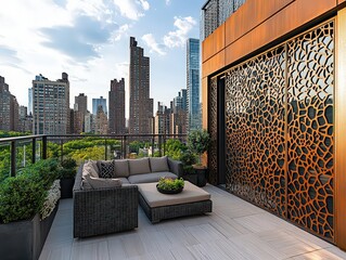 Naklejka premium Modern rooftop patio with seating and intricate metal paneling, overlooking a stunning urban skyline, offering a luxurious outdoor escape.