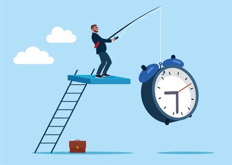 Businessman catching clock on fishing rod. 24-7 support service,  working hours. Flat vector illustration