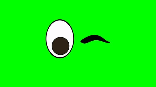 Animation or computer graphics of a winking eye on a green chromakey background for insertion