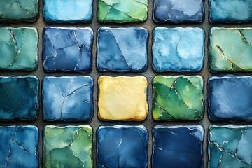 A vibrant arrangement of colorful tiles in shades of blue and green, with a single yellow tile, creating a striking visual contrast.