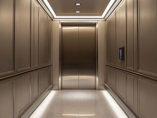  Elegant elevator interior with warm lighting, metallic finishes, and minimalistic design, creating a luxurious and refined atmosphere.