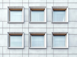  Symmetrical facade of building with six square windows, each framed in metal, creating a minimalist geometric pattern against smooth light-colored wall.