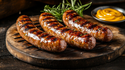 Juicy sausage links sizzling on grill, served with mustard