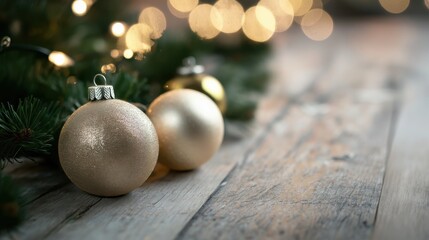 Fototapeta premium Decorative golden Christmas ornaments on wooden surface amidst soft glowing lights during the festive season