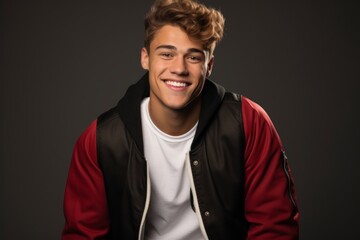 Obraz premium Portrait of a grinning man in his 20s sporting a stylish varsity jacket on blank studio backdrop