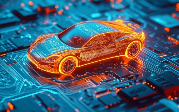 Futuristic electric car model glowing on a circuit board, showcasing advanced technology and innovation in automotive design.