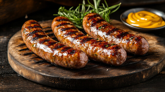 Juicy sausage links sizzling on grill, served with mustard