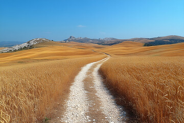 Fototapeta premium A winding dirt path through golden fields under a clear blue sky, leading towards distant hills.