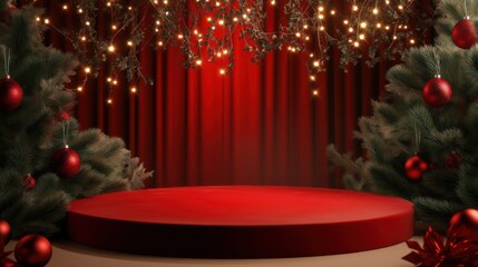Elegant holiday stage with red backdrop and festive decorations, perfect for Christmas events and celebrations in winter