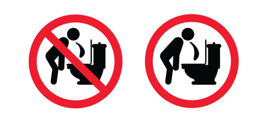 Prohibition, vomit icon. No vomiting, hangover warning sign. Sick person to vomiting in the wc. Stick figures or stickman and toilet logo. Symptoms virus infection or hungover or drunk.