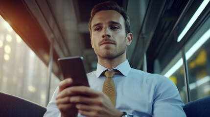 Professional man commuting while using smartphone on bus