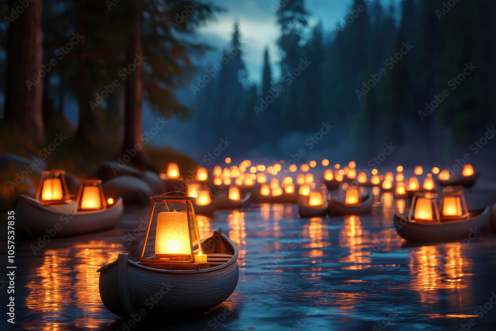 Poster Floating lanterns on serene river create peaceful and magical atmosphere, surrounded by trees and twilight