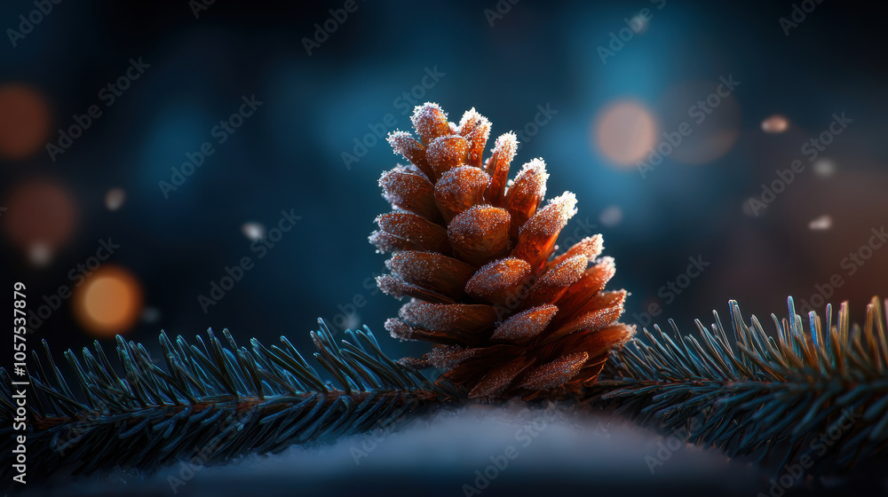Poster frost covered pine cone resting on snowy branch, illuminated by soft light, creating serene winter a