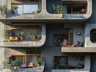  Residential building with tiered balconies overlooking cityscape, featuring small furniture, colorful plants, decor, vibrant city life.