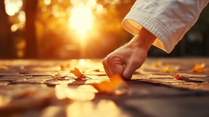 Sunset serenity a hand among autumn leaves