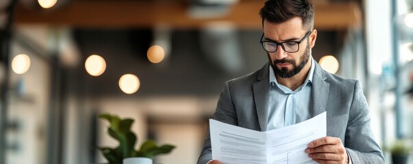 A businessman reviewing documents in a modern office setting with soothing lighting and greenery.