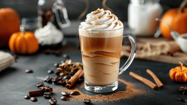 Pumpkin spice latte with whipped cream and ingredients on black table