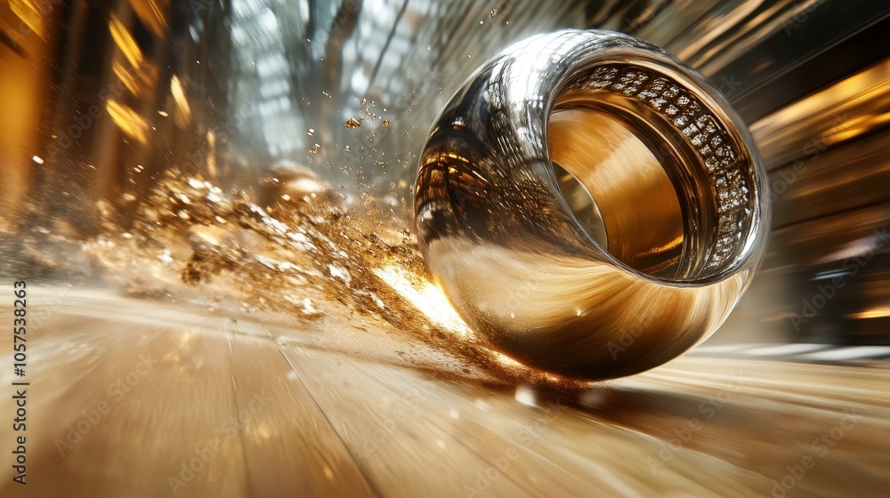 Poster dynamic motion of a golden sphere in motion
