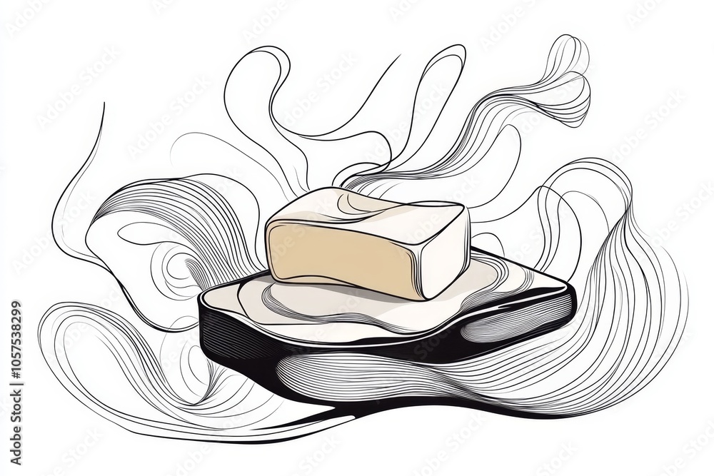Poster simple line drawing of butter melting in a pan, with soft curves representing the smooth flow of mel