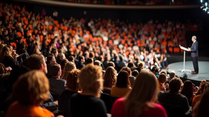 A speaker addresses a large audience in a modern auditorium, creating an engaging atmosphere for an impactful presentation.