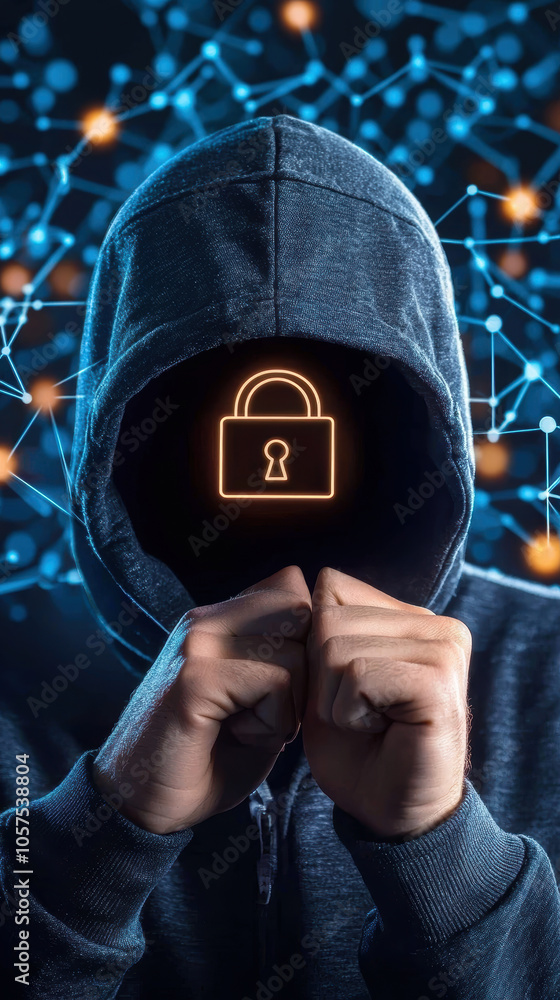 Poster mysterious figure in hoodie with glowing padlock symbol, representing cybersecurity and data protect