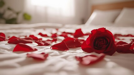 Close-up of rose petals arranged on a white bedspread, creating a romantic setting for Valentine s Day, 4K resolution