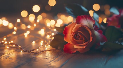 Low-angle view of fairy lights wrapped around a rose bouquet, setting a cozy Valentine s Day mood, 4K resolution