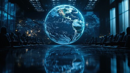 A high-tech conference room with a holographic Earth in the center of the table, used for discussions on climate change. The globe spins slowly, displaying real-time environmental data 