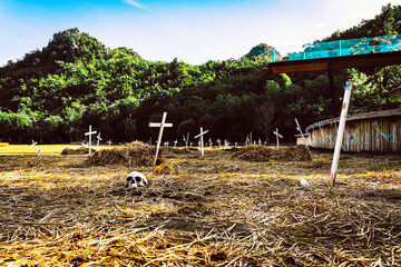 Skull and crucifix crosses symbolizing the death on graveyard decorate to celebrate Halloween...