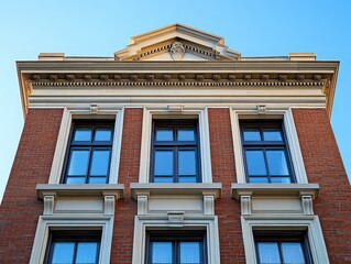 Obraz premium Elegant brick building with classic architectural details and large windows, showcasing traditional design and urban sophistication. Ideal for historic or classic architecture themes.