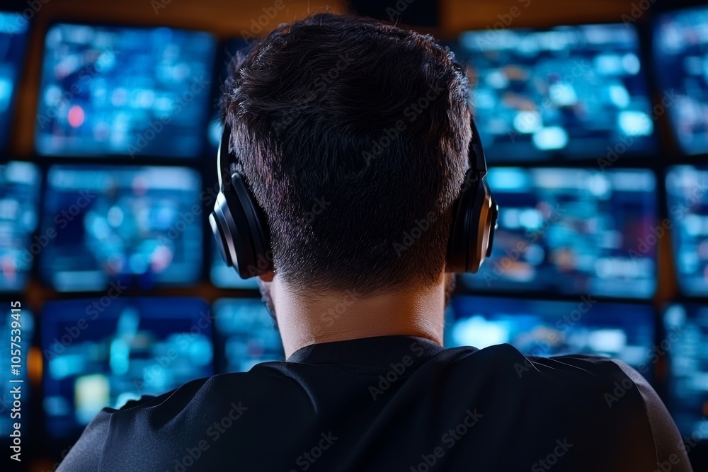 Poster suspect under surveillance in a cyberpunk world with glowing holographic screens surrounding them, c