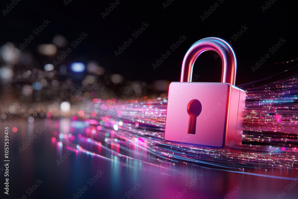 Poster digital lock symbolizes security amidst flowing data streams, representing protection and privacy in
