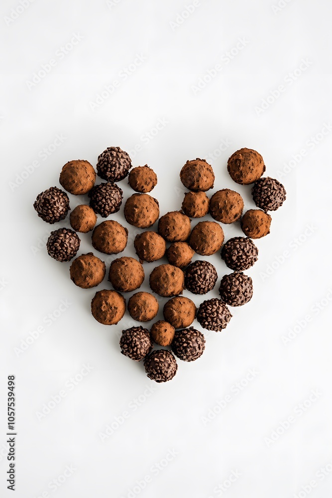Aufkleber Top-down view of chocolate truffles arranged in a heart shape on a white background, perfect for Valentine s, 4K resolution