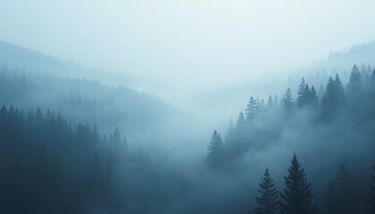 Naklejka premium Misty mountain landscape with dense forests