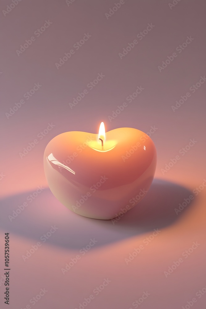 Poster Side-angle view of a small, heart-shaped candle glowing softly on a plain background, 4K resolution