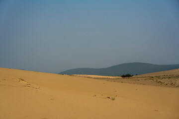 Golden desert dunes illuminated by sunbeams under a dramatic sky